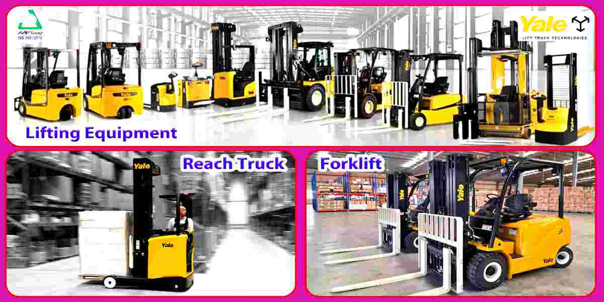 Slide showcasing various lifting equipment including reach trucks and forklifts